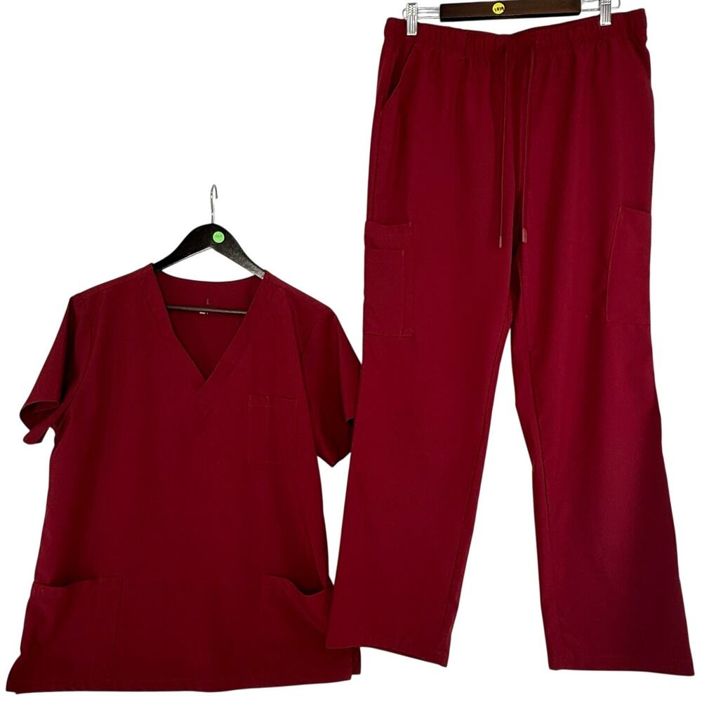 CozyFit Womens Scrub Set Large Burgundy Straight Leg Medical Uniform